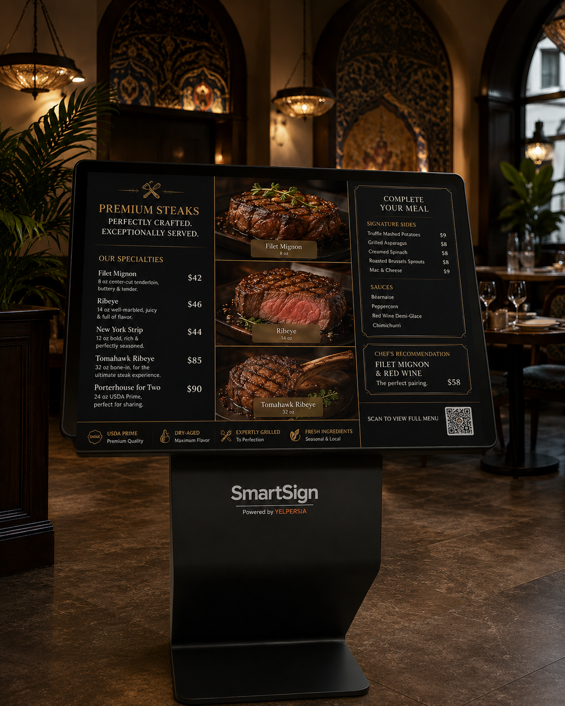 Horizontal interactive kiosk on a restaurant counter used for digital signage and self-ordering