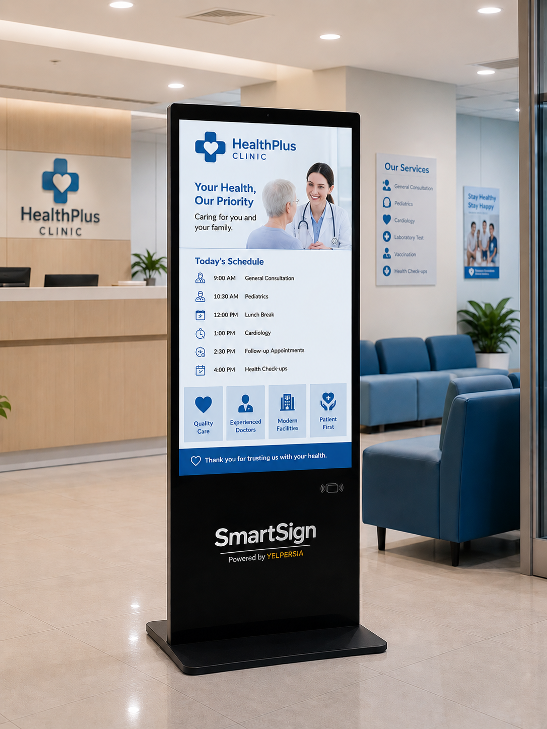 Vertical SmartSign kiosk in a clinic setting