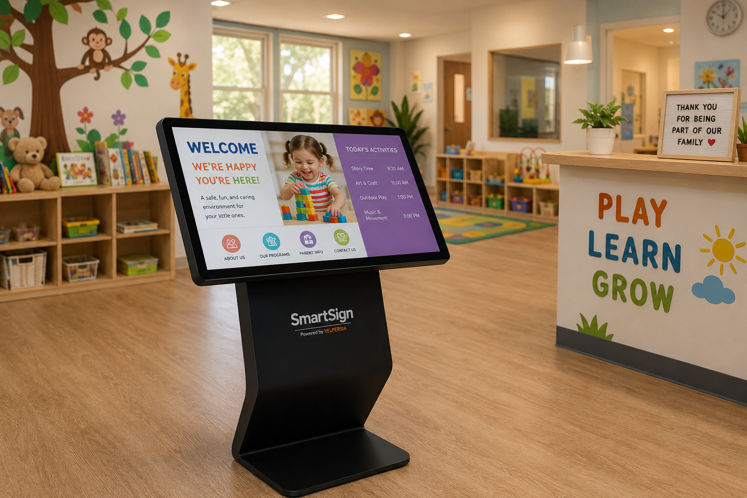 Horizontal SmartSign Kiosk deployed in a daycare center