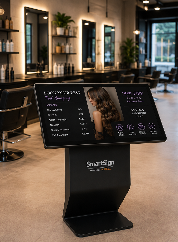 Horizontal SmartSign Kiosk deployed in a hair salon