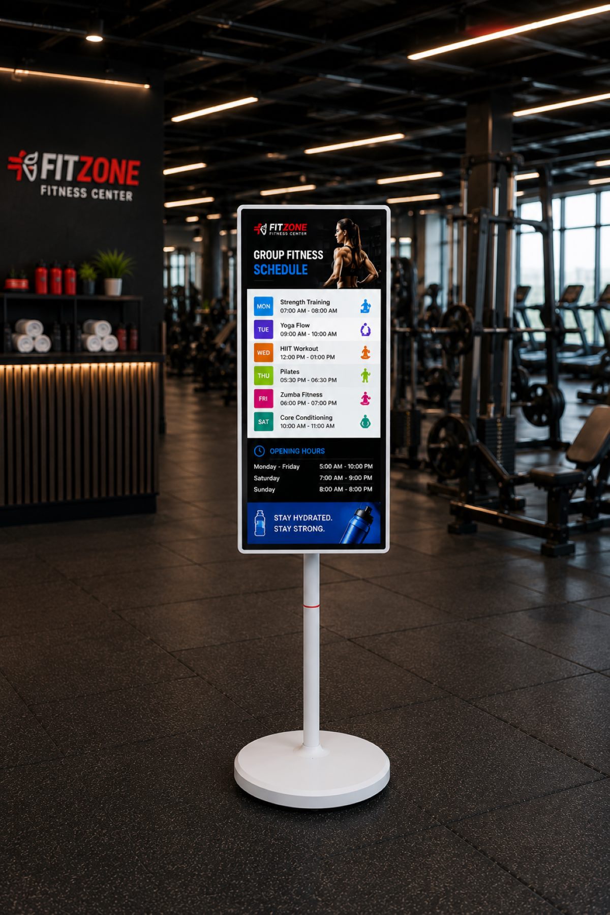 Portable SmartSign Kiosk in a gym environment