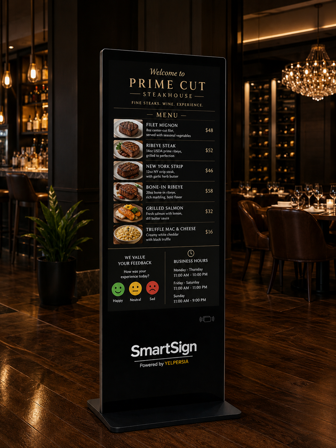Vertical SmartSign kiosk in a restaurant setting