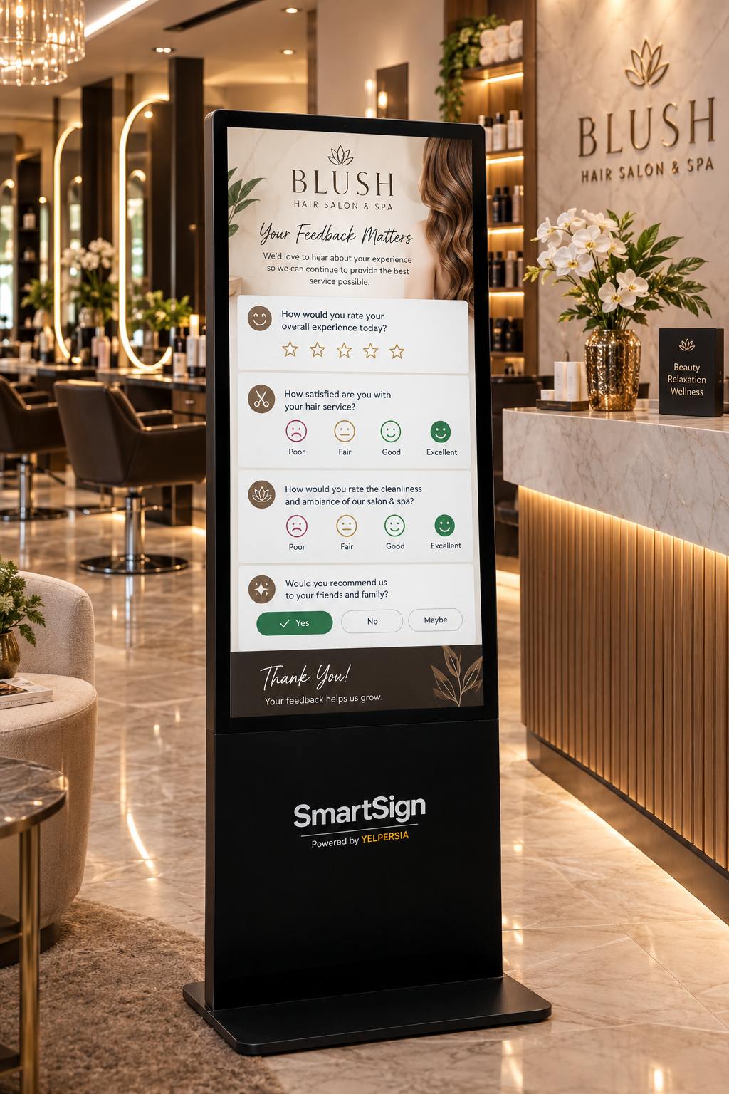 Client giving feedback on a vertical SmartSign kiosk in a hair salon