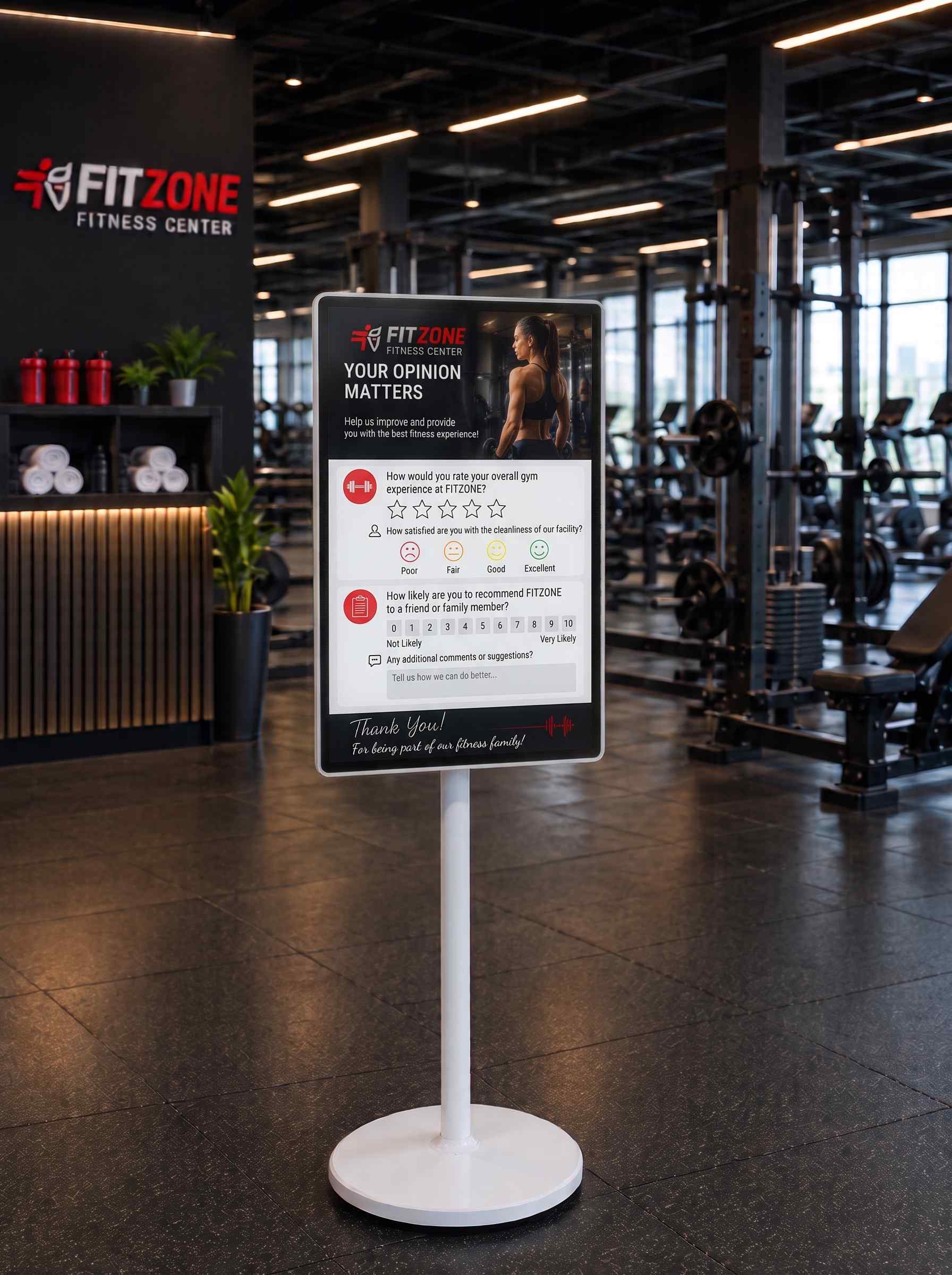Gym member leaving feedback on a portable SmartSign kiosk at a fitness center